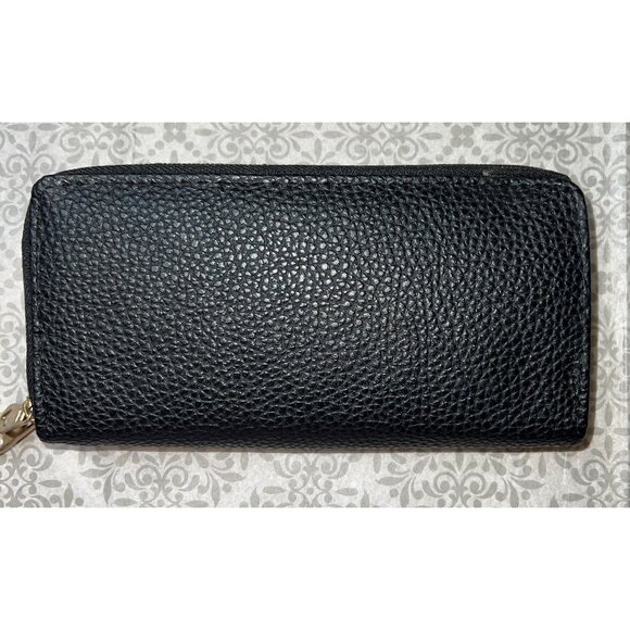 Black Zip-Around Wallet With Wrist Strap Pebbled Leather Logo Design - Picture 1 of 2